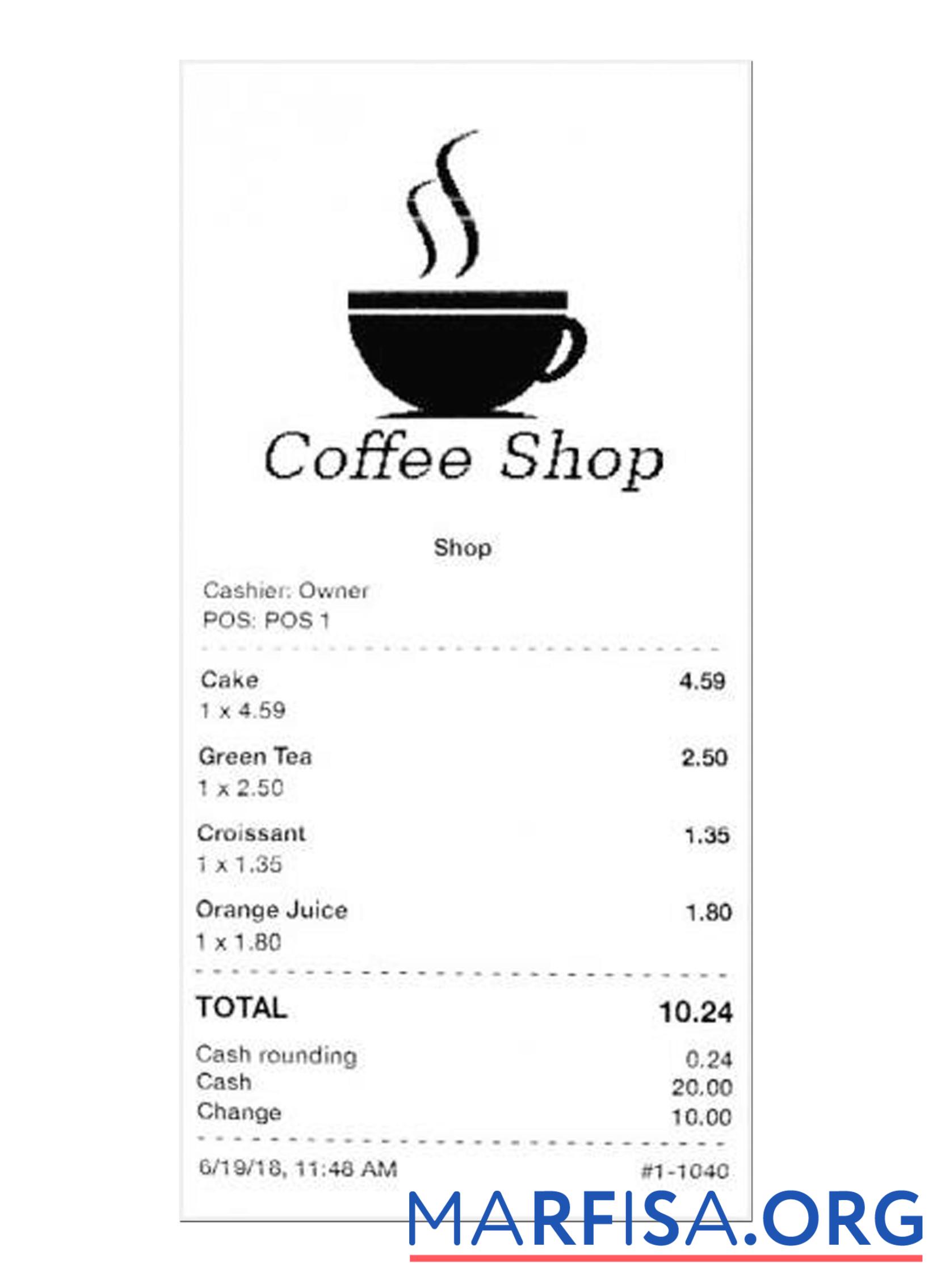 Printable COFFEE SHOP payment check example